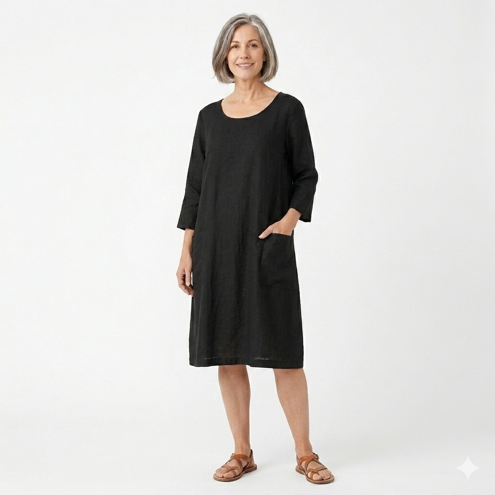 Flax Black 100% Linen Shift Dress 3/4 Sleeve Patch Pockets Size Small